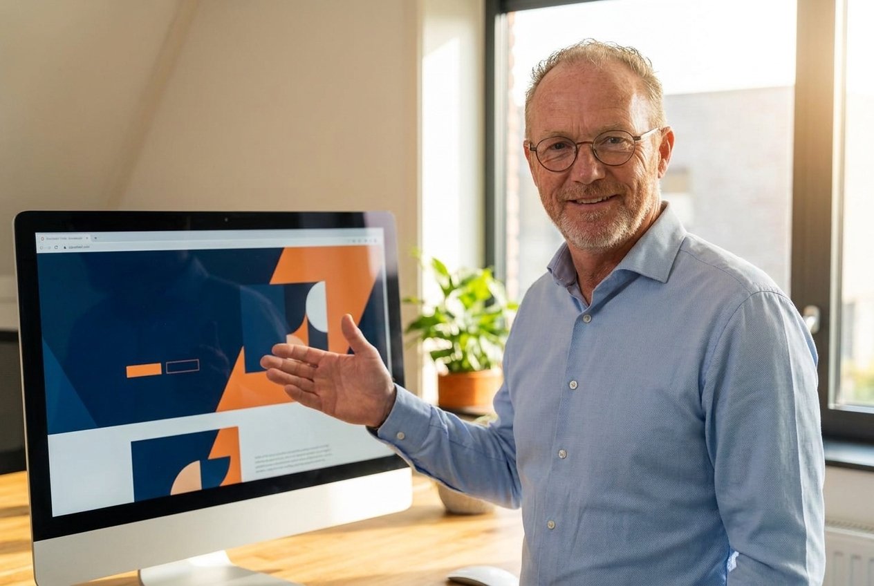 Chris van der Beek wijst een website in aanbouw aan op een groot scherm