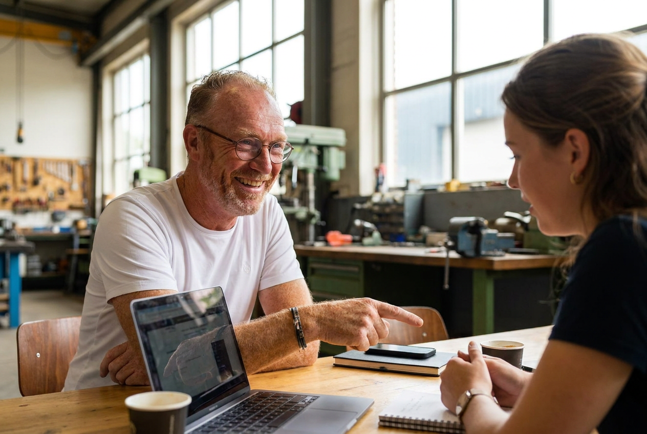 Website laten maken Werkendam: overleg met een ondernemer in haar bedrijfspand
