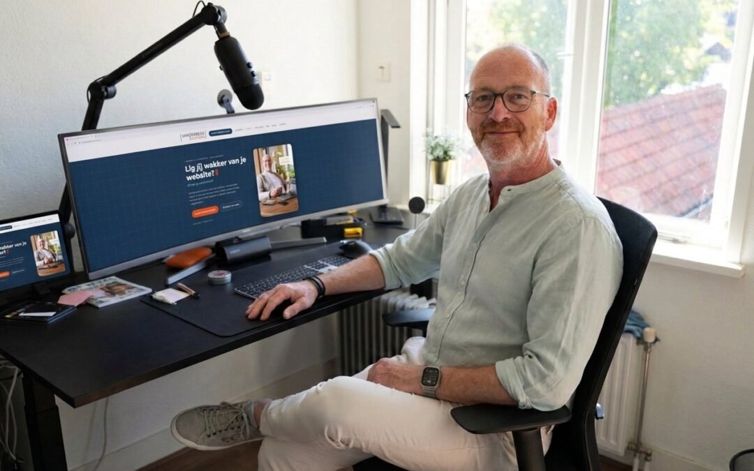 Chris van der Beek aan zijn bureau in Woudrichem, met zijn website op het scherm