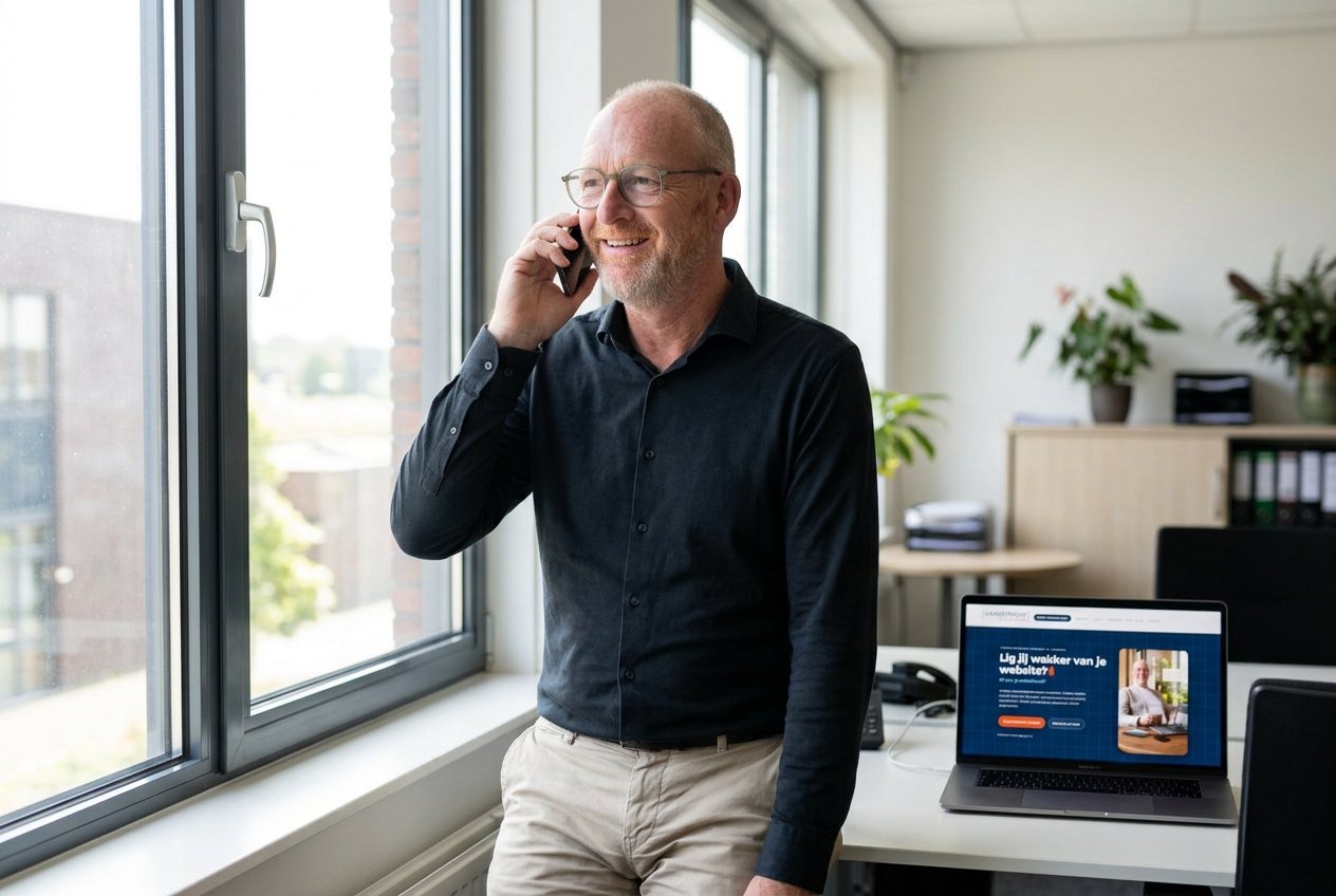 Webdesign Altena: Chris van der Beek belt bij het raam van zijn kantoor, zijn laptop met website op het bureau