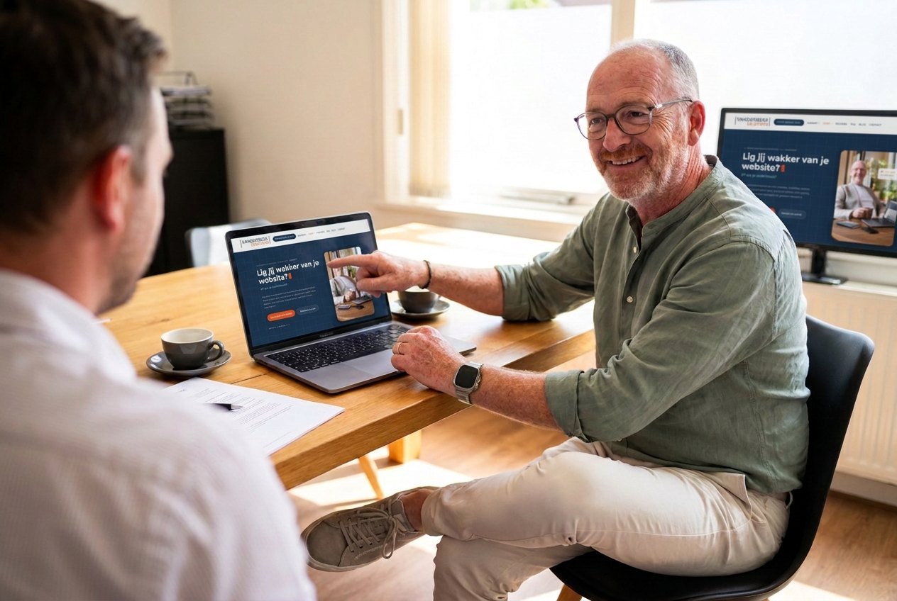 Webdesign Altena: Chris van der Beek bespreekt een website aan tafel met een ondernemer