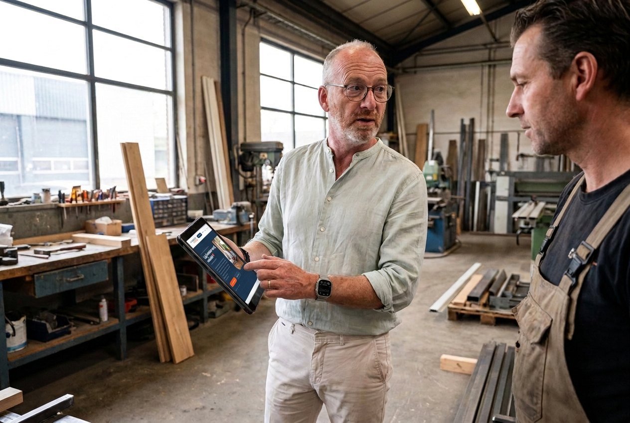 Chris van der Beek bespreekt de website op maat op locatie, in de werkplaats van een ondernemer