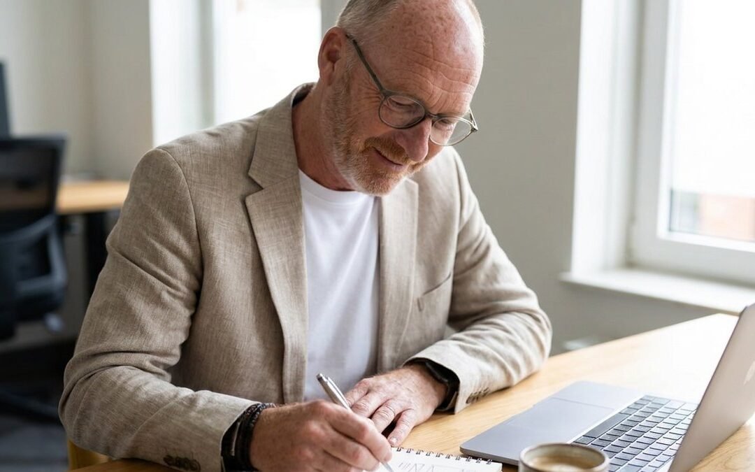 Chris van der Beek schetst de opzet van een website in een notitieboek naast zijn laptop