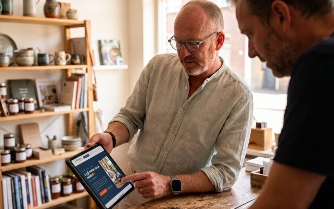 Chris van der Beek laat een winkelier zijn nieuwe website zien op een tablet