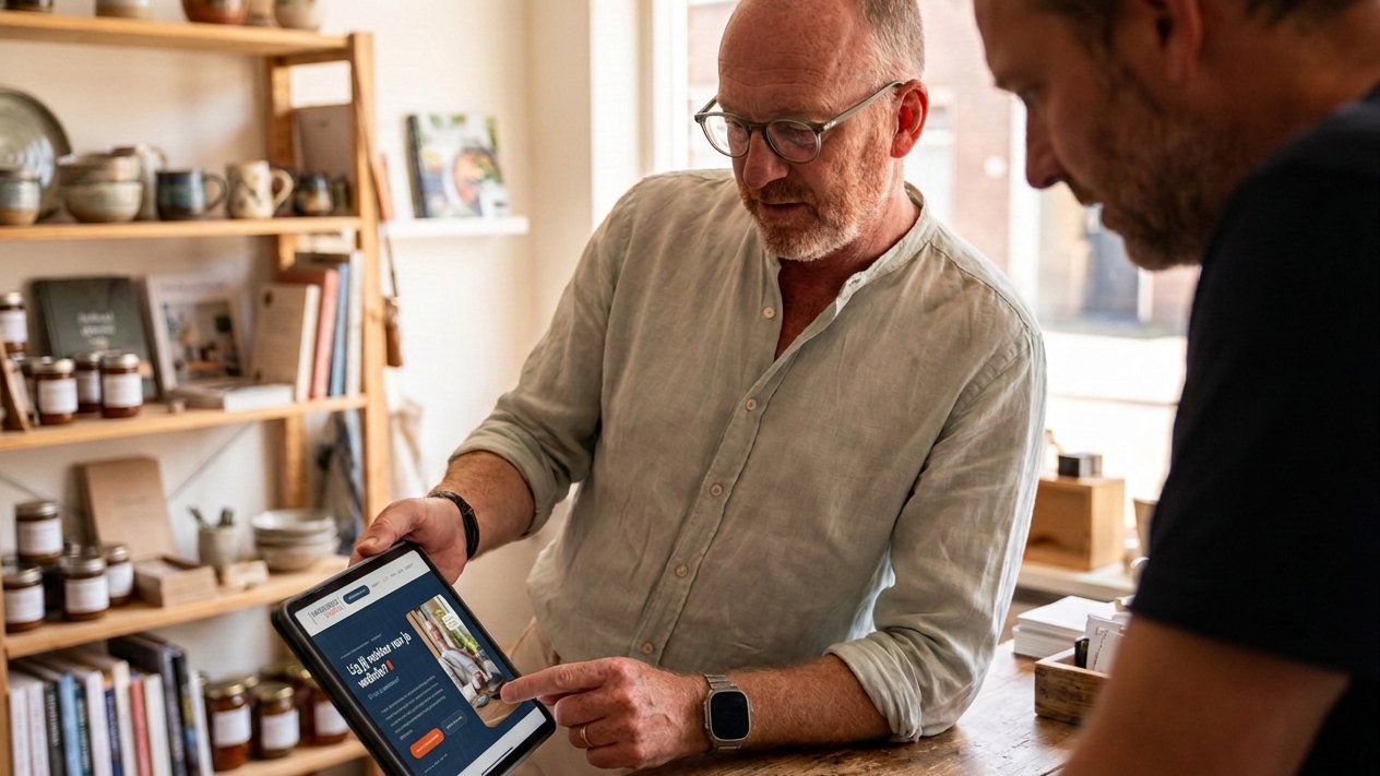 Chris van der Beek laat een onderhouden website zien op een tablet