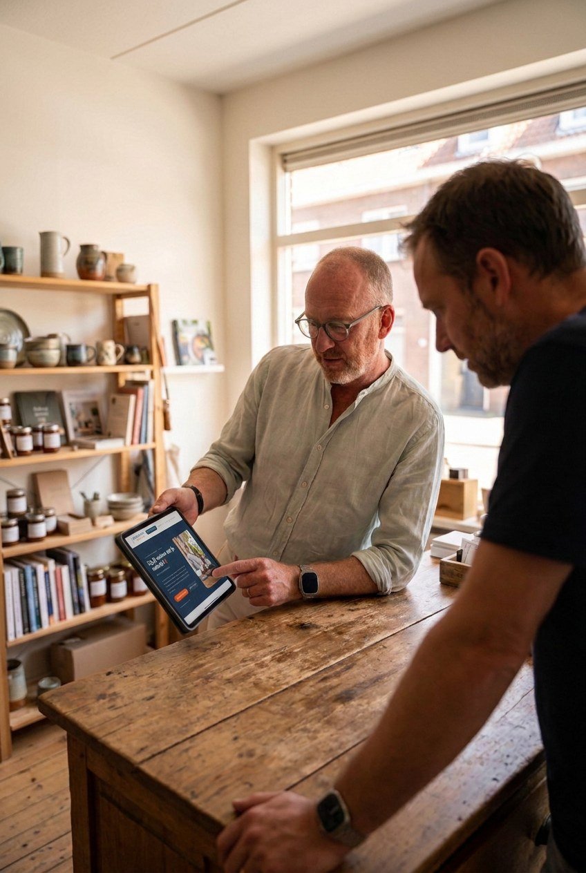 Chris van der Beek laat een ondernemer zijn nieuwe website op maat zien op een tablet