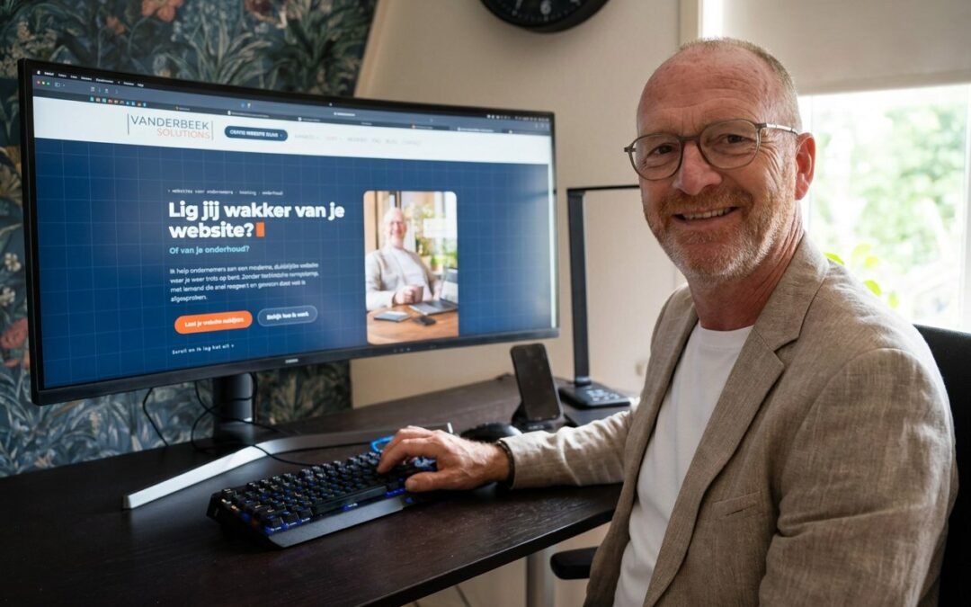 Chris van der Beek aan zijn bureau, met zijn eigen website op het brede scherm