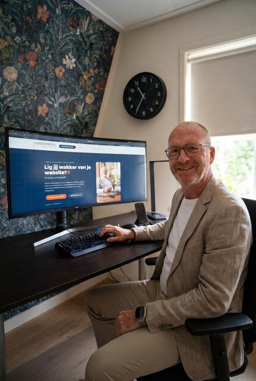 Chris van der Beek maakt websites voor ondernemers, hier aan zijn bureau met zijn eigen website op het scherm