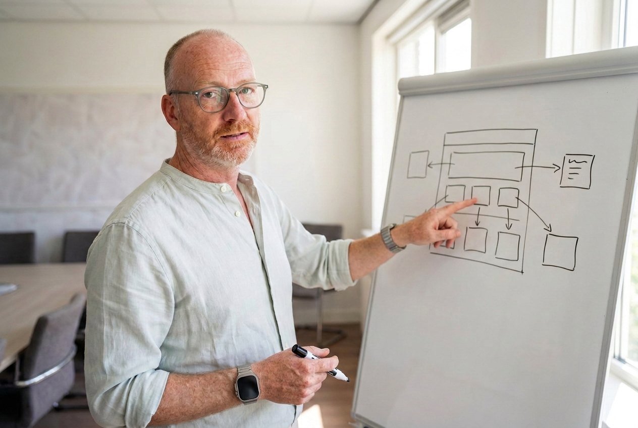 Chris van der Beek schetst de structuur van een nieuwe website op een whiteboard